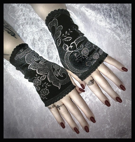 Shes In Parties Fingerless Gloves - Black Velvet - Silver Scroll & Flowers - EGL Vampire Gothic Victorian Dark Tribal Goth Wedding Bohemian