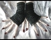 Funeral Party Fingerless Gloves - Black Velvet - Crinkle Embossed Design - Gothic Lolita Vampire Steampunk Dark Cyber Mourning Wedding Goth