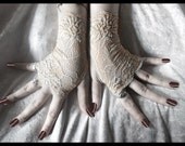 Whispering Spirit Lace Fingerless Gloves - Nude Latte Fishnet Embroidered Floral - Gothic Victorian Vampire Regency Tribal Austen Wedding