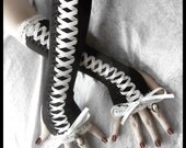 Maiden Le Noir Victorian Corset Laced Up Arm Warmers - Black w/ White Lace & Ribbon - Vampire Gothic Elegant Wedding Tribal Emo Romantic