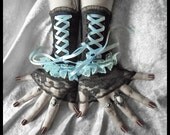 Powder Room Corset Laced Up Fingerless Gloves - Black Lace - Pale Baby Blue Ruffle & Ribbon - Gothic Victorian Vampire Wedding Rococo EGL