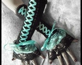 Cyan-ide Corset Laced Up Arm Warmers - Black w/ Light Turquoise Teal Ribbon Lace - Gothic Lolita Vampire Aqua Wedding EGL Rococo Dark Goth