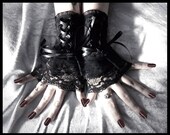 Dance Floor Metaphor Corset Laced Up Fingerless Glove Cuffs - Black Lace & Ruffle - Lolita Dark Gothic Goth Wedding Aristocrat Rococo