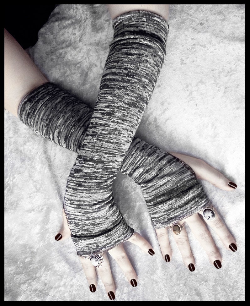 Gneiss Arm Warmers - Dark Charcoal Steel Grey White Striped Sweater Knit - Gothic Vampire Dark Bellydance Cycling Fall Running Emo Yoga Goth