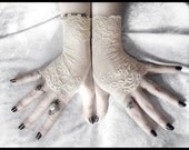 Nynette Lace Fingerless Gloves - Soft Ivory Champagne Cream Nude Floral - Wedding Gothic Regency Bridal Tribal Bellydance Goth Austen Fetish