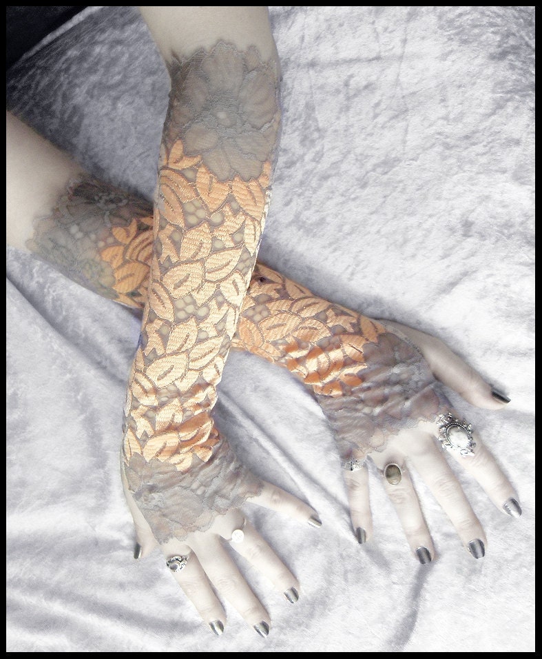 Zuri Extra Long Lace Arm Warmers -  Peach Pink Embroidered Leaves Grey Lavender Floral Sleeves - Wedding Fetish Dark Fusion Opera Fairy Chic