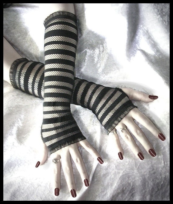 Jezabel Jane Lace Arm Warmers - Black Fishnet w/ Opaque Stripes - Vampire Lolita Belly Dance Dark Tribal Fusion Bellydance Burlesque Caberet