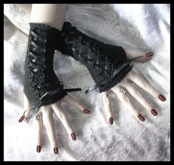 Bound Black Lolita Corset Style Fingerless Gloves Laced Up w/ Black Ribbon - EGL Kuro Wedding Belly Dance Dark Fusion Bellydance Emo Vampire