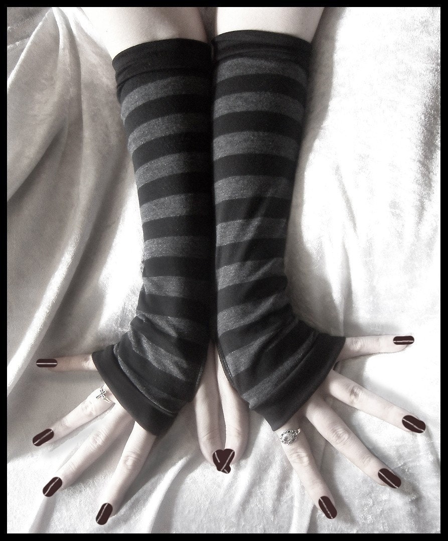 Dusk And Her Embrace Arm Warmers - Dark Charcoal Grey & Black Stripes - Bellydance Chic Classic Bohemian Yoga Cycling Emo Vampire Light