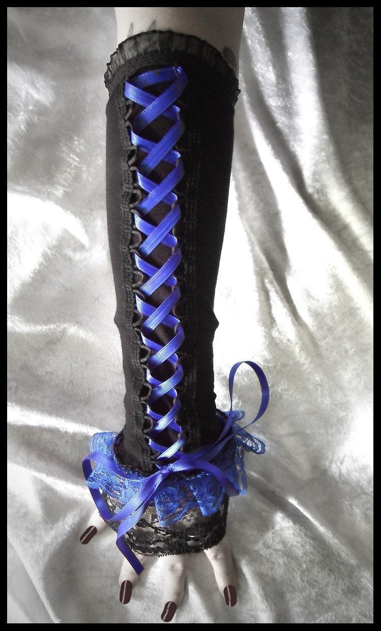 Shadow and Mirth Corset Laced Up Arm Warmers - Black - Bright Royal Blue Ribbon & Ruffled Lace - Lolita Vampire Wedding Dark Emo Rococo EGL