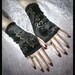 Shes In Parties Fingerless Gloves - Black Velvet - Silver Scroll & Flowers - EGL Vampire Gothic Victorian Dark Tribal Goth Wedding Bohemian