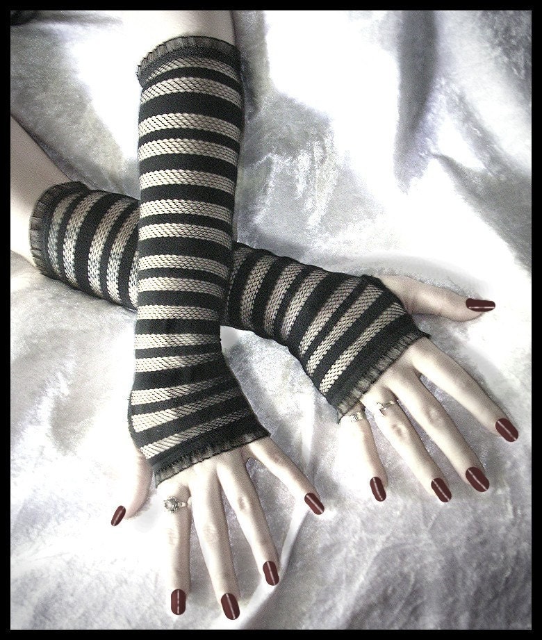 Jezabel Jane Lace Arm Warmers - Black Fishnet w/ Opaque Stripes - Vampire Lolita Belly Dance Dark Tribal Fusion Bellydance Burlesque Caberet