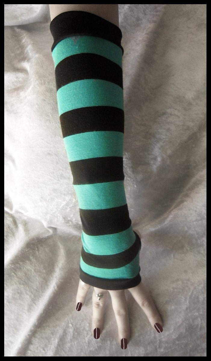 Rain's Embrace Arm Warmers - Teal & Black Stripes - Belly Dance Fusion Bellydance Classic Bohemian Yoga Cycling Gaia Emo Vampire Romantic