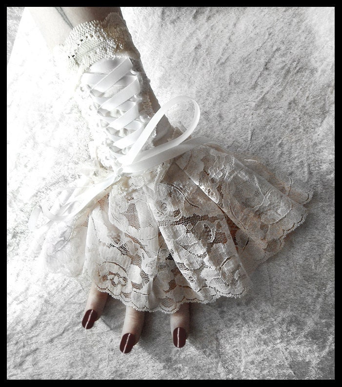 Solstice Corset Laced Up Fingerless Glove Wrist Cuffs - Ivory Lace White Ribbon - Lolita Rococo Fusion Bellydance Regency Aristocrat Bridal