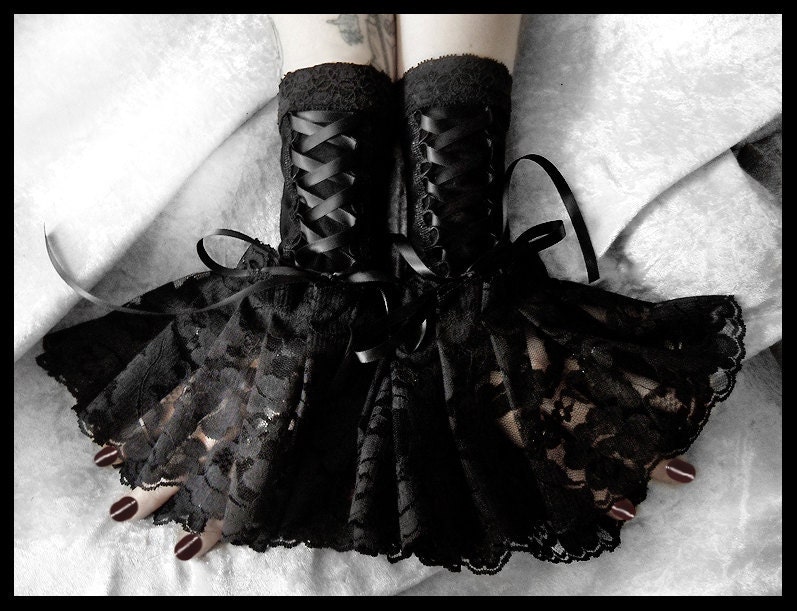 Invocation Corset Laced Up Fingerless Glove Wrist Cuffs - Black Lace & Ribbon - Lolita Rococo Fusion Bellydance Regency Aristocrat Bridal