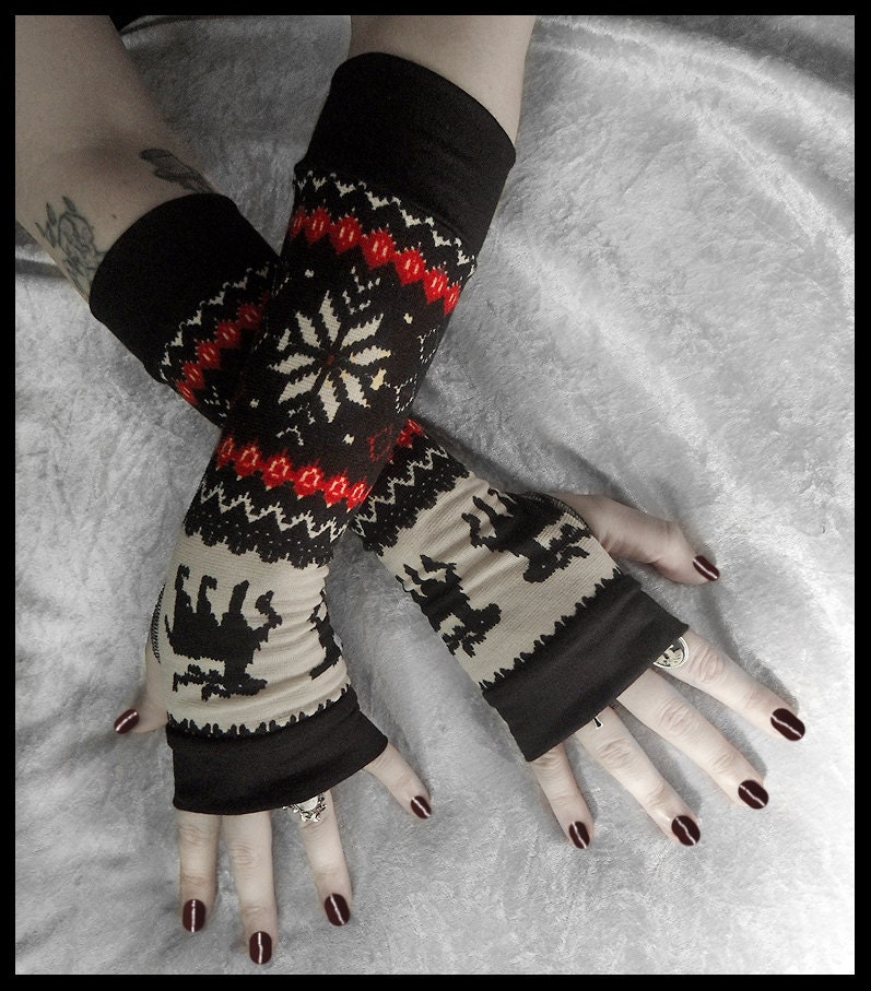 Mountain Lodge Arm Warmers - Fair Isle Red Black Cream Sweater Knit  - Nordic Snow Flakes & Moose - Bohemian Cycling Gothic Goth Ski