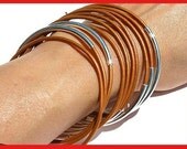 Leather Bangles Bracelets Bronze Metallic Leather and Silver or Gold Tubes