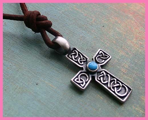 Leather Necklace With Celtic Cross And Turquoise Stone