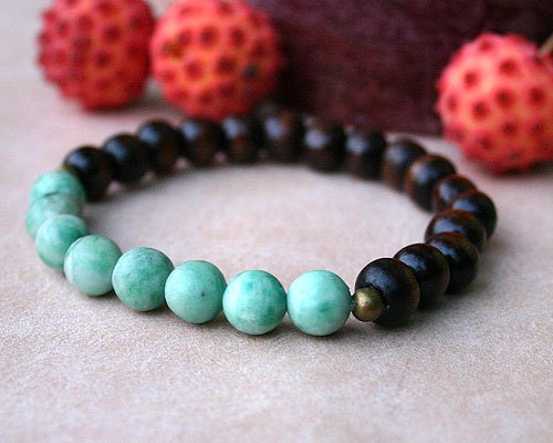 Heart Chakra Basic Yoga Bracelet Energy Power Ching Hai Jade Brown Wood Stretch