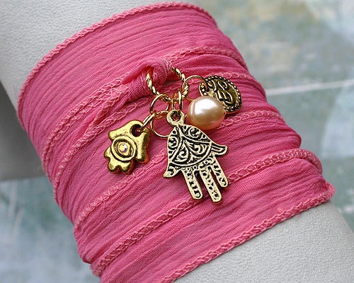 Silk Ribbon Wrap Bracelet Hand Dyed Pink Hamsa, Ohm, Pearl Charms, Yoga Jewelry
