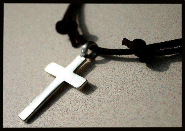Leather Surfer Necklace With Big Cross Distresed Cord