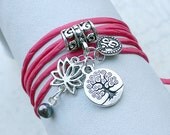 SALE Bright Pink Silk String Wrap Bracelet With Tree Of Life Lotus And Ohm Charms
