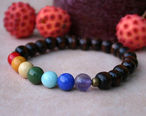 7 Chakras Basic Yoga Bracelet Energy Power Gemstone Brown Wood Stretch