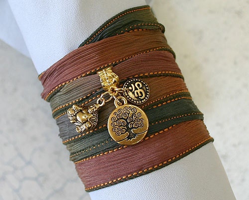 Hand Dyed Silk Ribbon Wrap Bracelet Spooky Gold Tree of Life, Om, Ohm, Buddha Yoga Jewelry