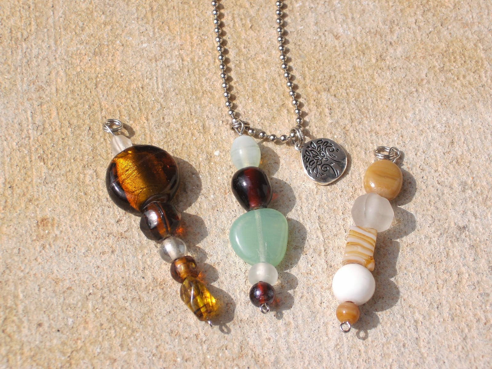 Nature Inspired Glass Bead Pendant Set w/silver circle Tree charm