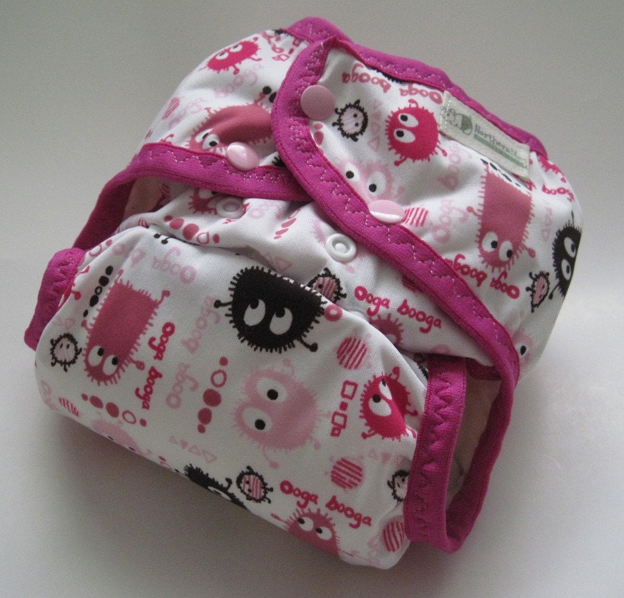 Limited Edition Pink Ooga Booga One Size Pocket Diaper with Organic Bamboo Velour Inner