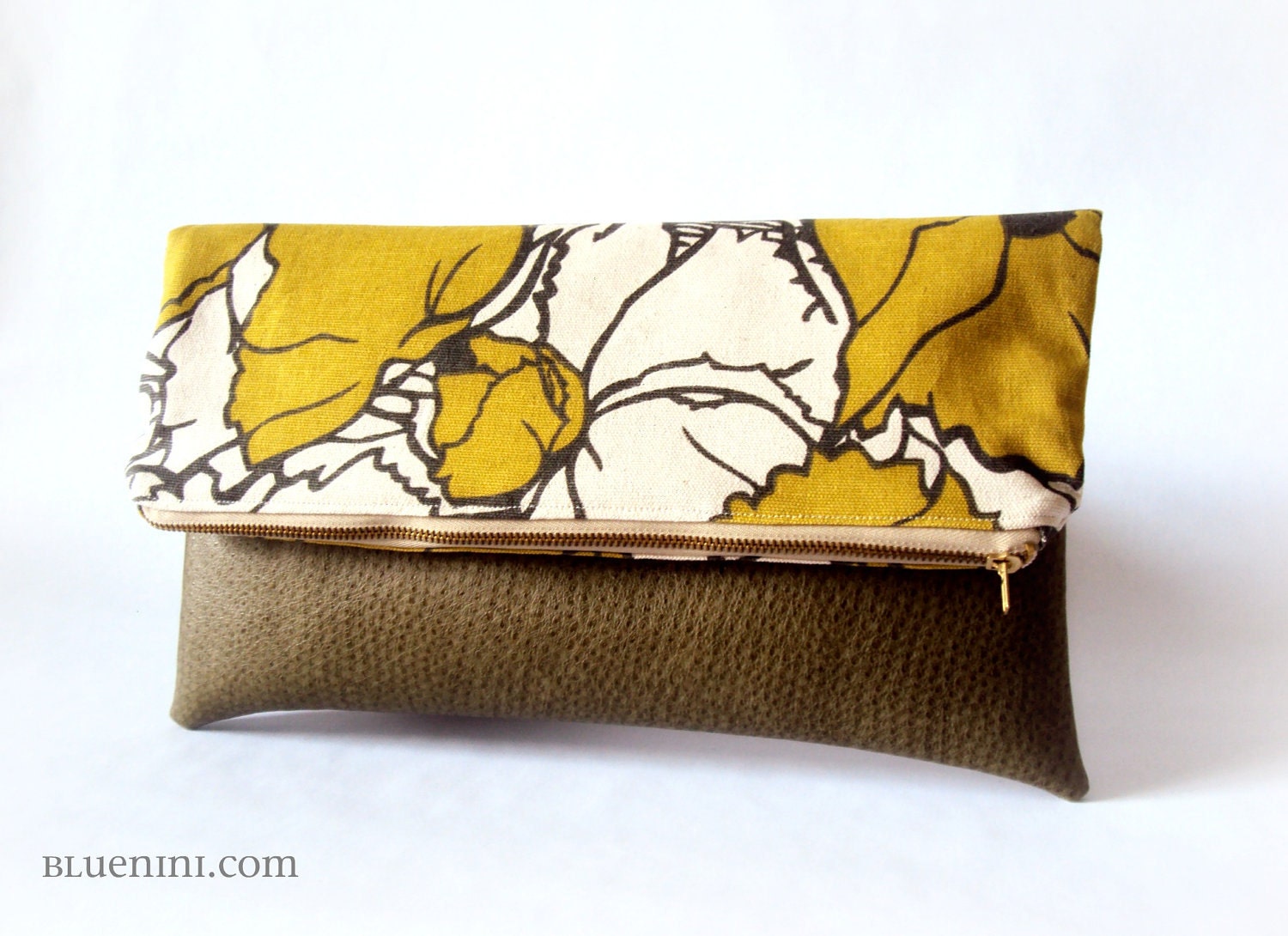 Preorder Listing - Hybrid Clutch - Fold Over Zippered Clutch - Summer Fashion - Citrine Flower with Vegan Olive Leather