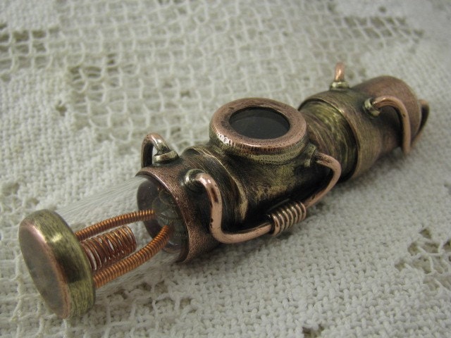 Steampunk USB flash drive with glowing glass tail, glass window and clock parts. 8 GIG. Copper, brass and glass. Waterproof.