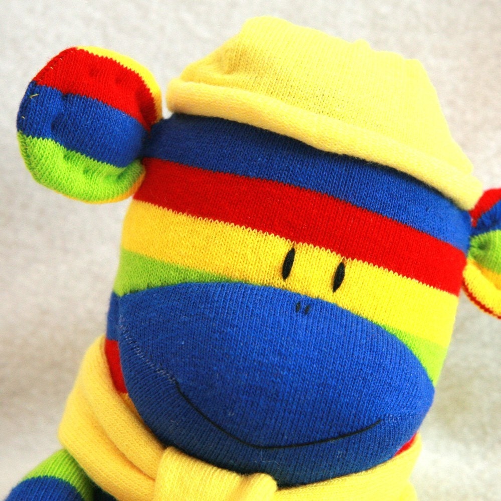 Sock Monkey Doll Blue and Yellow Stripes, Sock Toy Baby