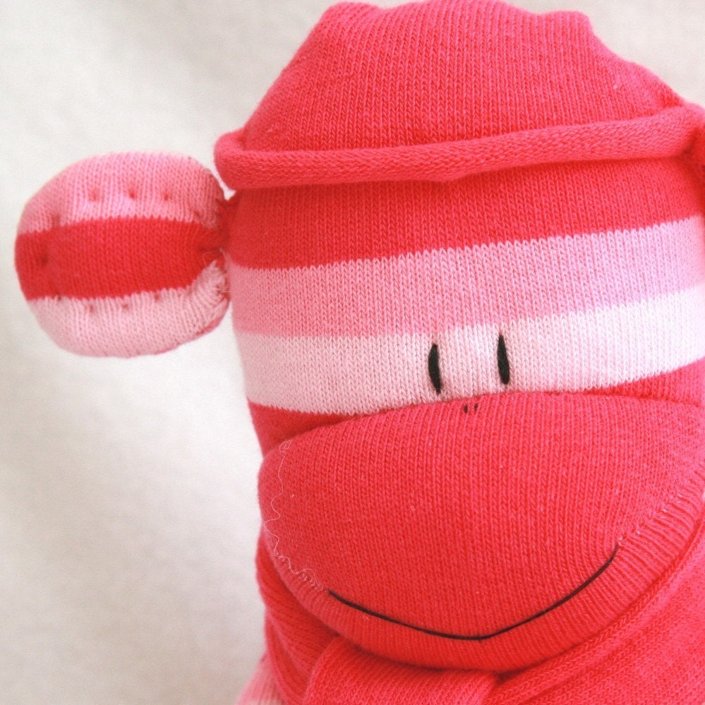 Sock Monkey Doll  Bright Pink Stripes, Stuffed Animal Doll Baby Toys