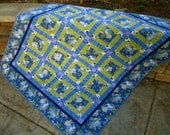Handmade Quilt Flowers in Bloom, Patchwork Quilt, Lap Quilt, Quilts Blue