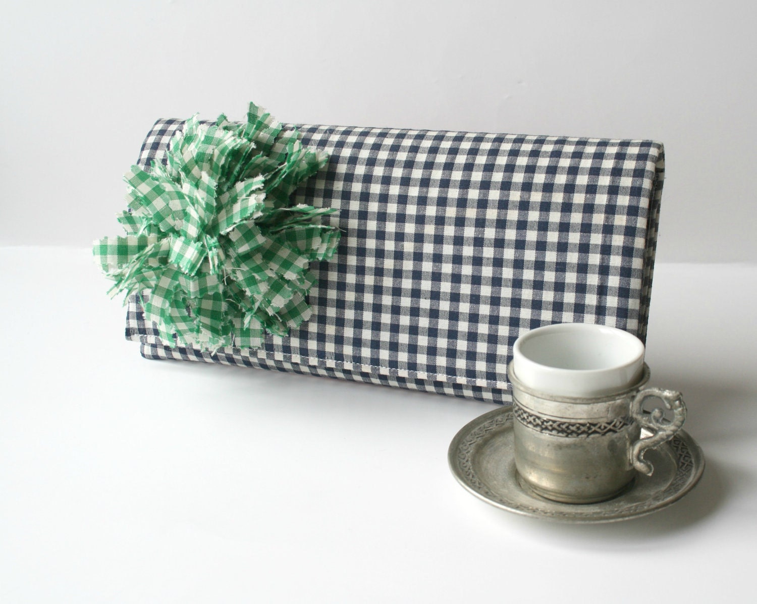 Clutch Navy Blue  Clutch with Green Gingham Flower Handmade