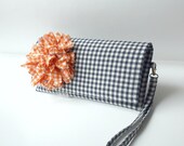 Clutch Checked Navy Blue Clutch with Orange Gingham Flower Handmade Valentines day Gift