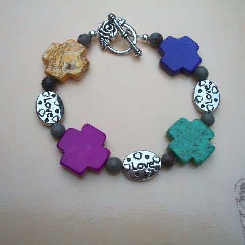 Sale, Cross & Love Bracelet, Multicolored,  Jewelry by Brendas Beading on Etsy