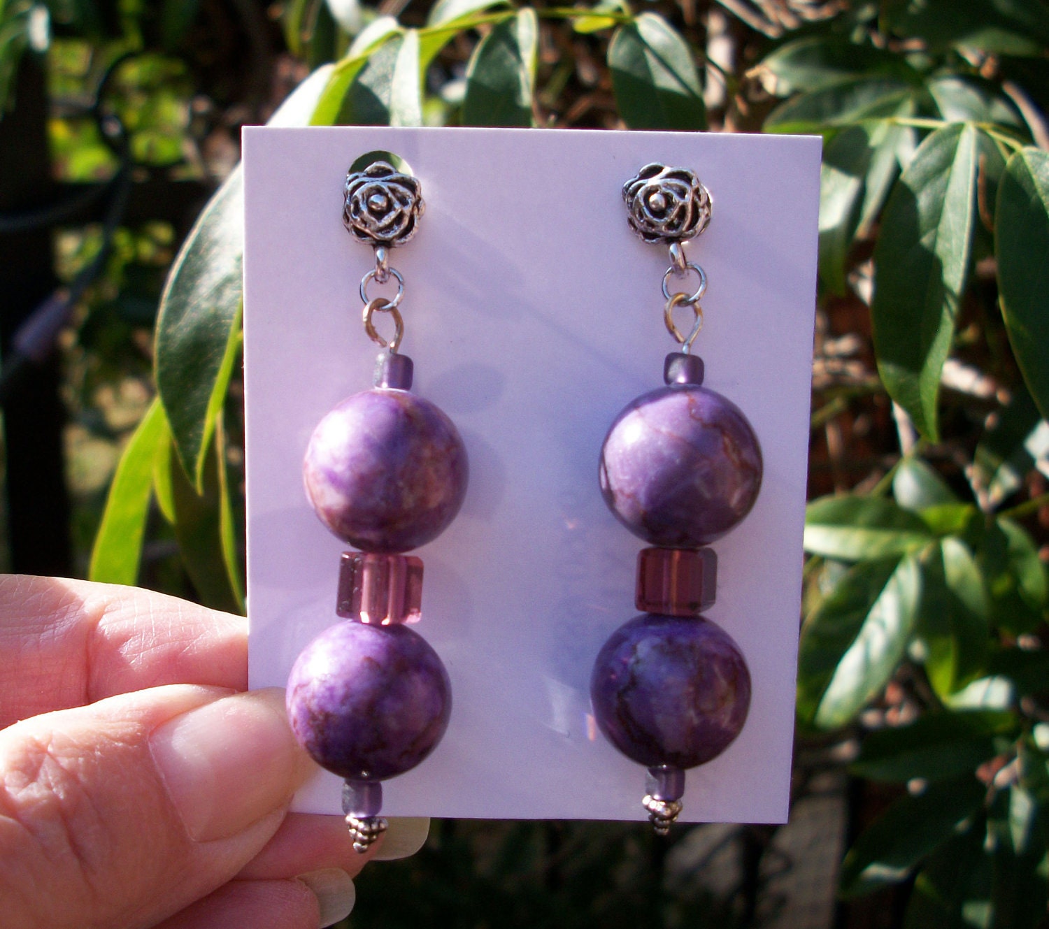 Earrings, Purple Crazy Lace Agate, Jewelry by Brendas Beading on Etsy