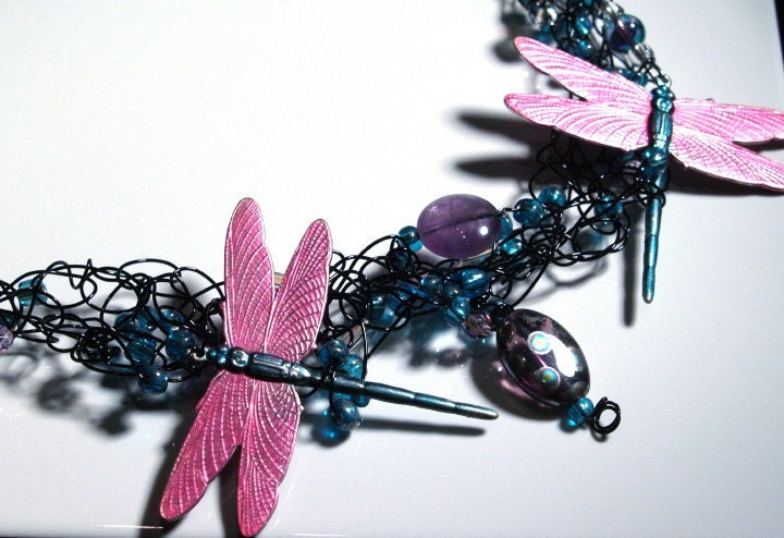 Magical Dragonfly Artisan Necklace Crocheted Wire Statement Piece Handcrafted Artisan Jewelry