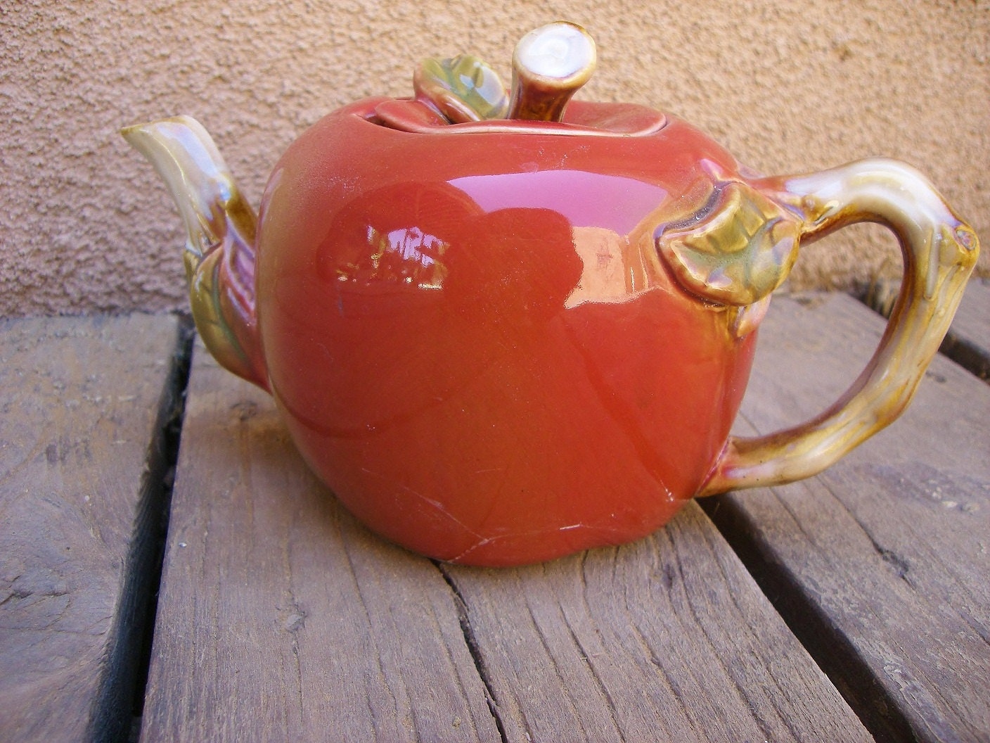 Vintage Red Apple Pottery Tea Pot