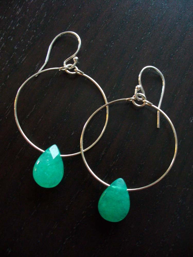 Silver Hoop Earrings with Green Jade