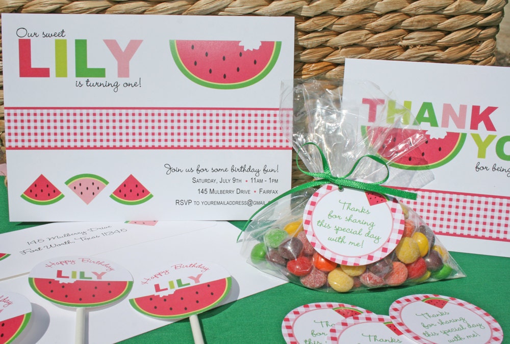 Sweet Watermelon Invitation, Party Banner, Cupcake Toppers, Favor Tags, Notes