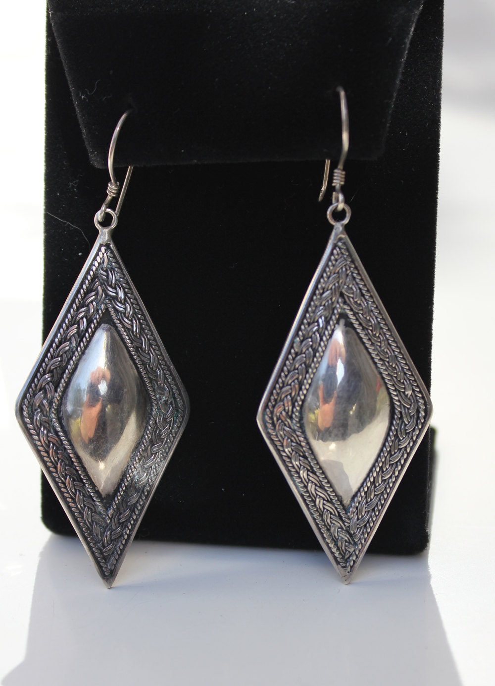 Vintage Sterling Silver Diamond Domed Earrings Beautiful and Heavy Tribal Style