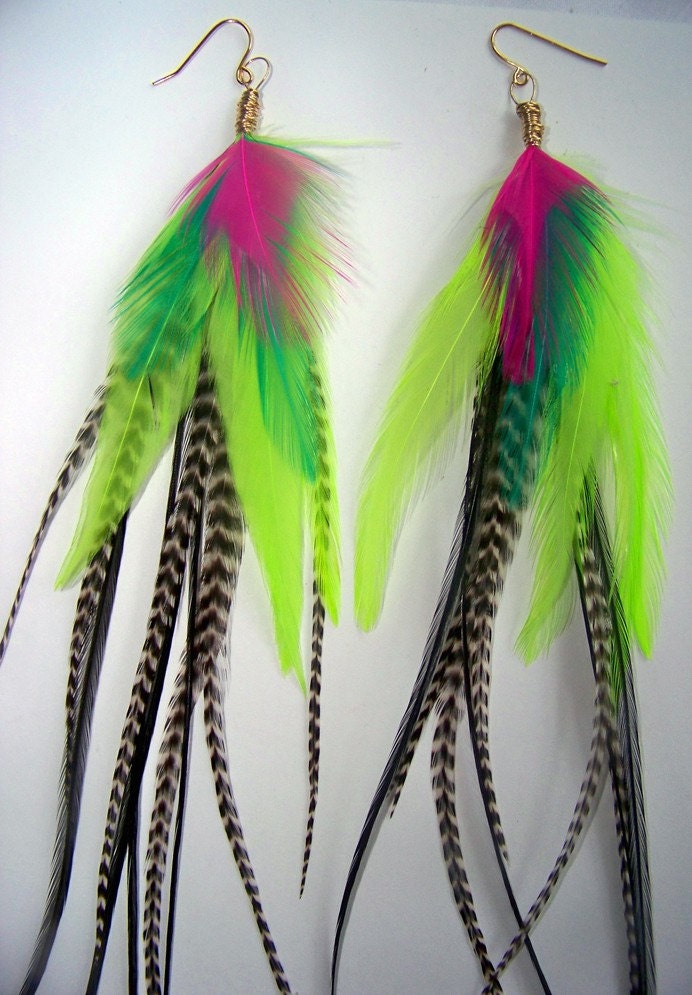 Long Feather Earrings on Raver Pixie Super Long Neon Feather Earrings By Ferrindeloach