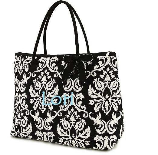 ... Bridesmaid Bag - Personalized Quilted Black and White Damask Tote Bag