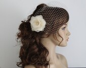 Bridal Veil with Flower Hair Pin-Birdcage Veil-Veil with Flower-Bandeau Birdcage Veil & Flower Fascinator-Pearl and Crystal Mix-VS115