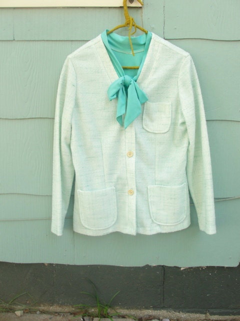 Late 1960s early 1970s sea foam green secretary suit -top -skirt -jacket size L/XL