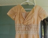 One of a kind beautiful handmade Sweet Sherbet 1950s Formal Shift Dress Unique Bow and Crocheted Lacy Details S-M