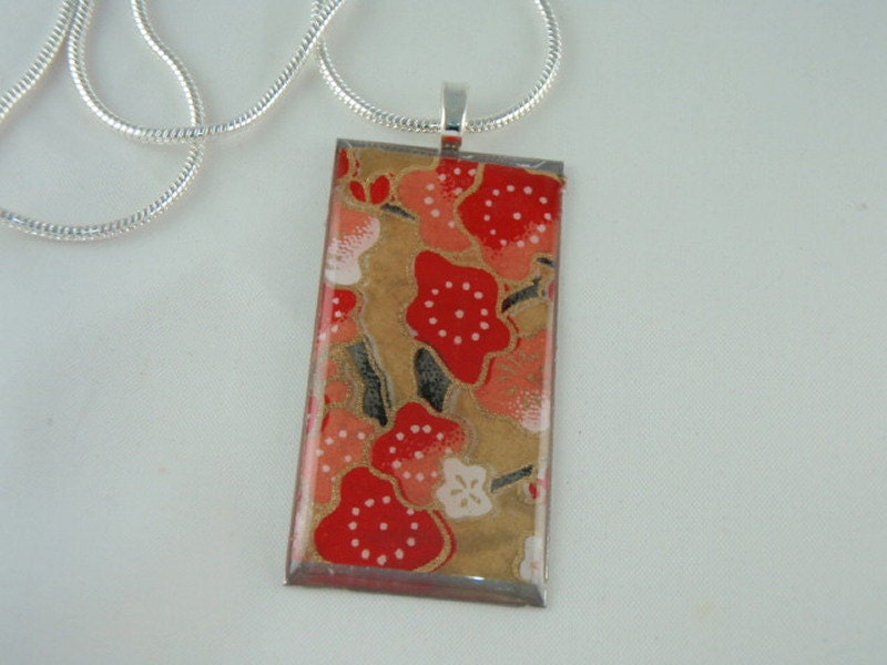 Gorgeous Coral Red Cherry Blossoms on Tan - 1x2 Stainless Rectangle Pendant - Resin encased Chiyogami - one of a kind